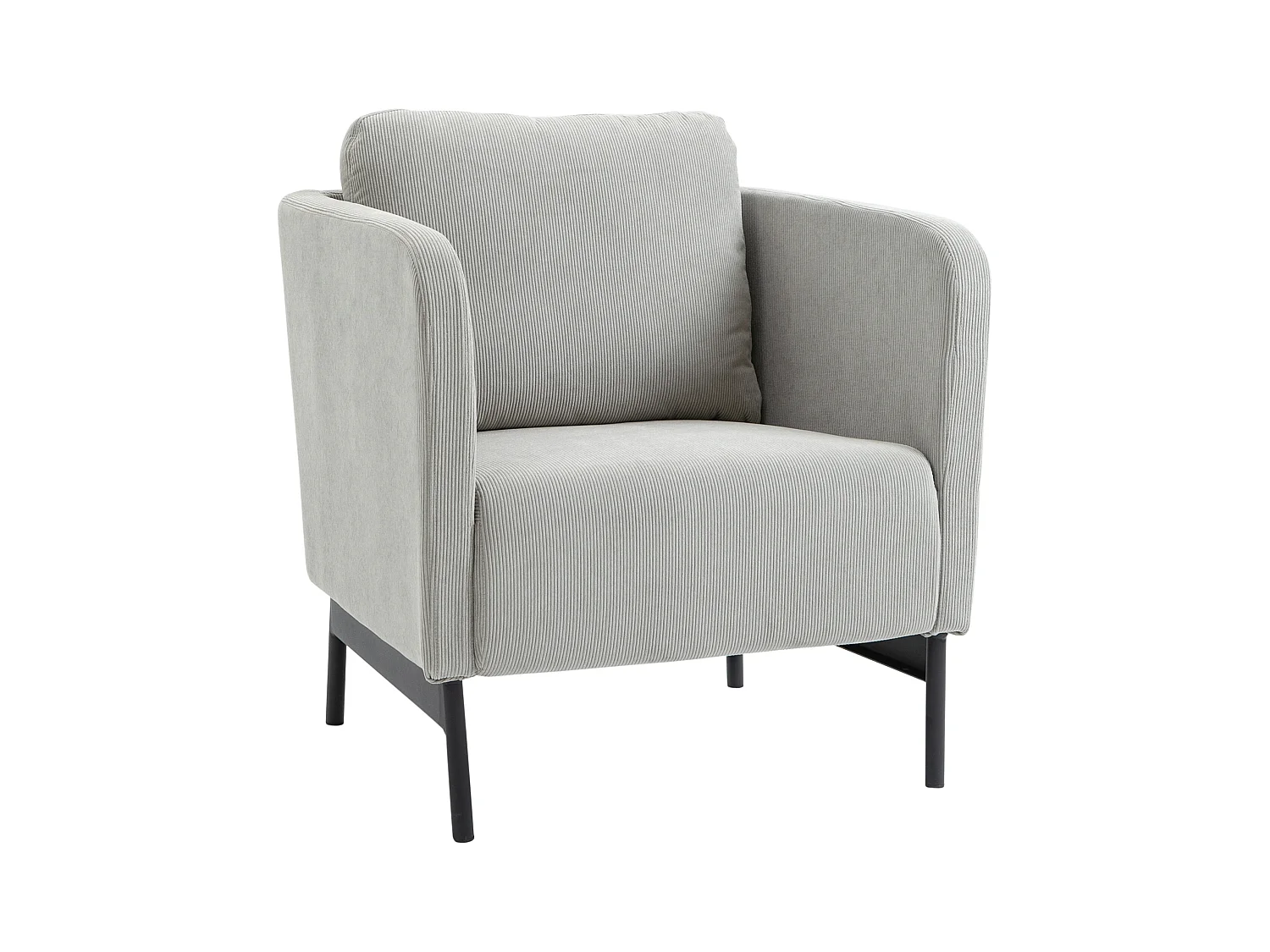 Fauteuil lounge style néo-rétro piètement acier noir revêtement velours cotelé gris clair