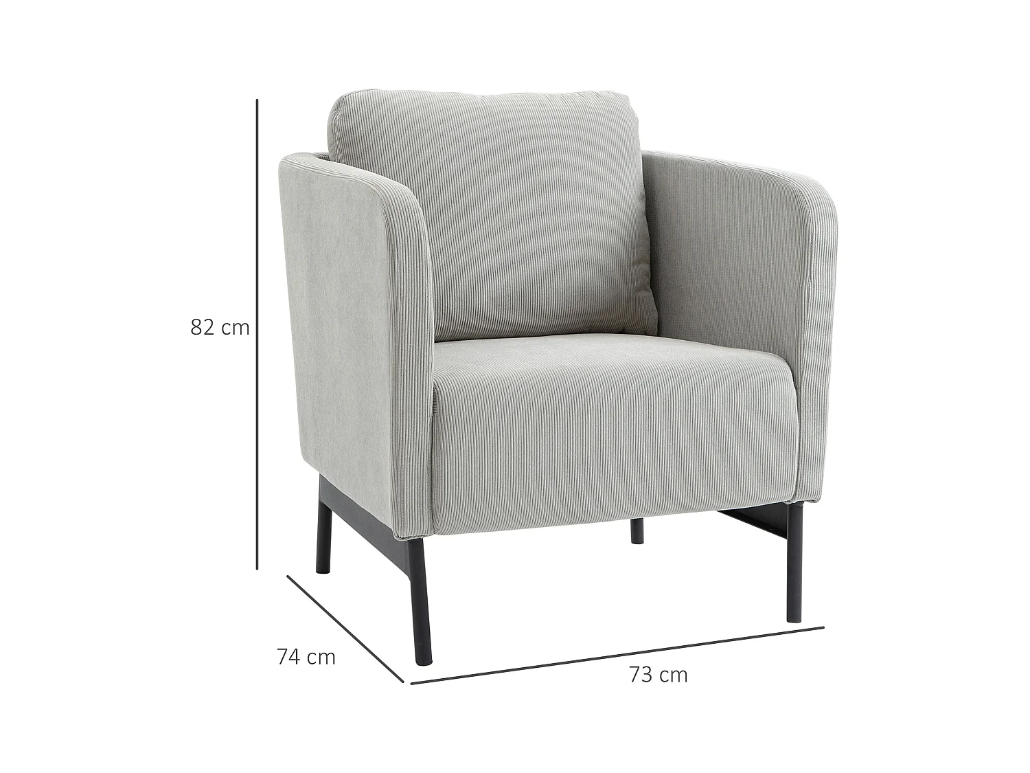 Fauteuil lounge style néo-rétro piètement acier noir revêtement velours cotelé gris clair