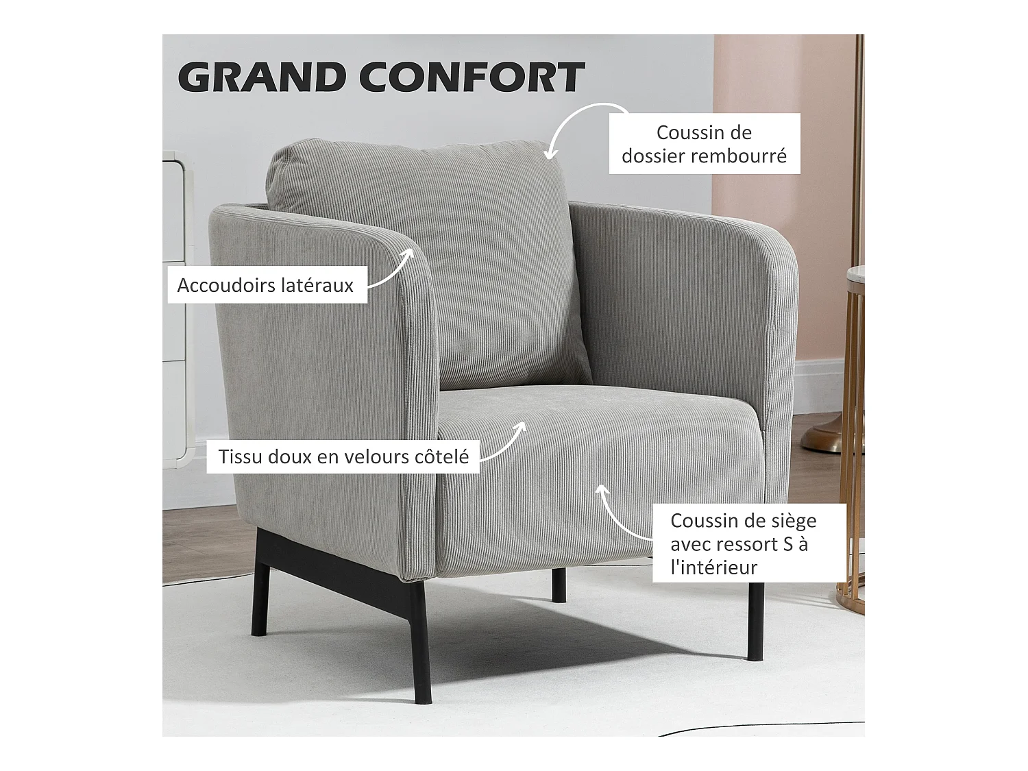Fauteuil lounge style néo-rétro piètement acier noir revêtement velours cotelé gris clair