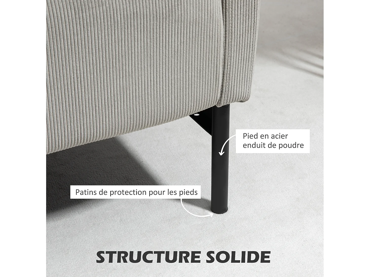 Fauteuil lounge style néo-rétro piètement acier noir revêtement velours cotelé gris clair