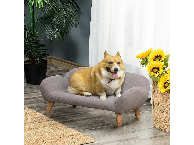 Canapé chien lit pour chien design scandinave déhoussable dim. 72L x 44l x 31H cm pieds bois tissu polyester gris