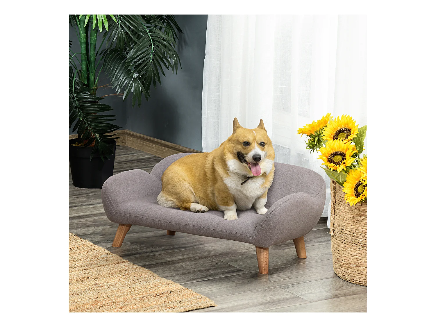 Canapé chien lit pour chien design scandinave déhoussable dim. 72L x 44l x 31H cm pieds bois tissu polyester gris