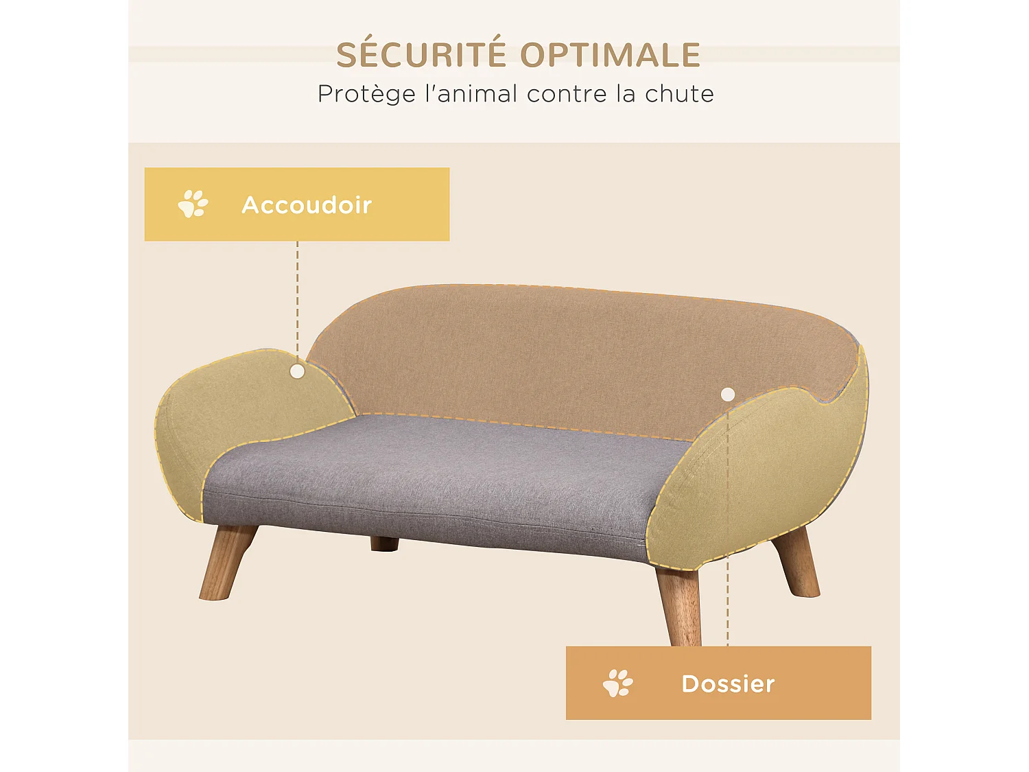 Canapé chien lit pour chien design scandinave déhoussable dim. 72L x 44l x 31H cm pieds bois tissu polyester gris