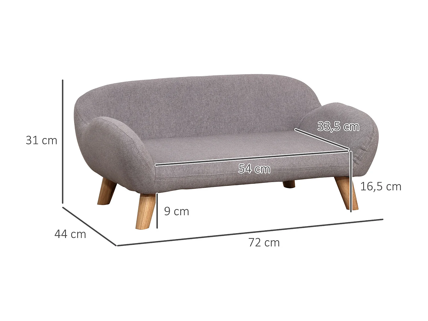 Canapé chien lit pour chien design scandinave déhoussable dim. 72L x 44l x 31H cm pieds bois tissu polyester gris