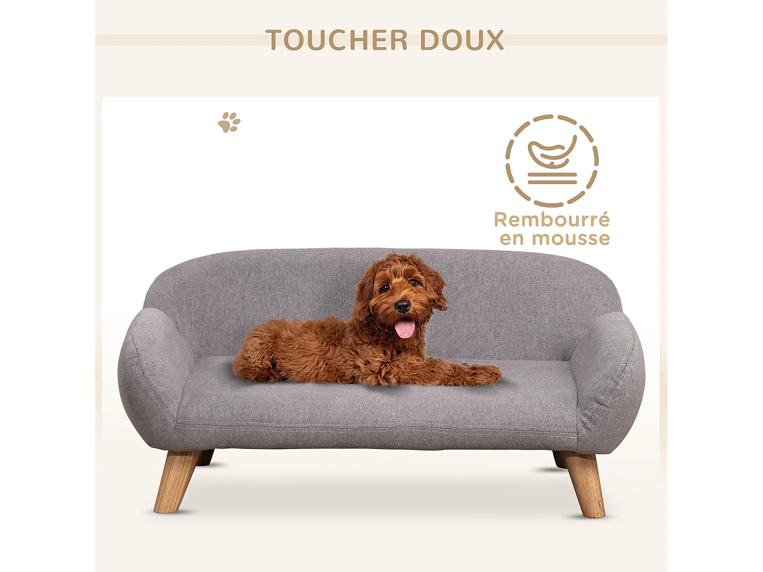 Canapé chien lit pour chien design scandinave déhoussable dim. 72L x 44l x 31H cm pieds bois tissu polyester gris