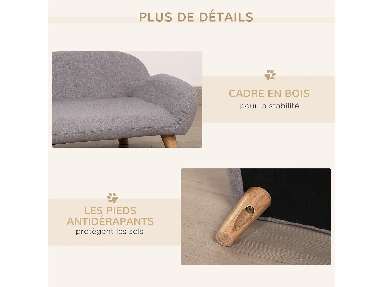 Canapé chien lit pour chien design scandinave déhoussable dim. 72L x 44l x 31H cm pieds bois tissu polyester gris
