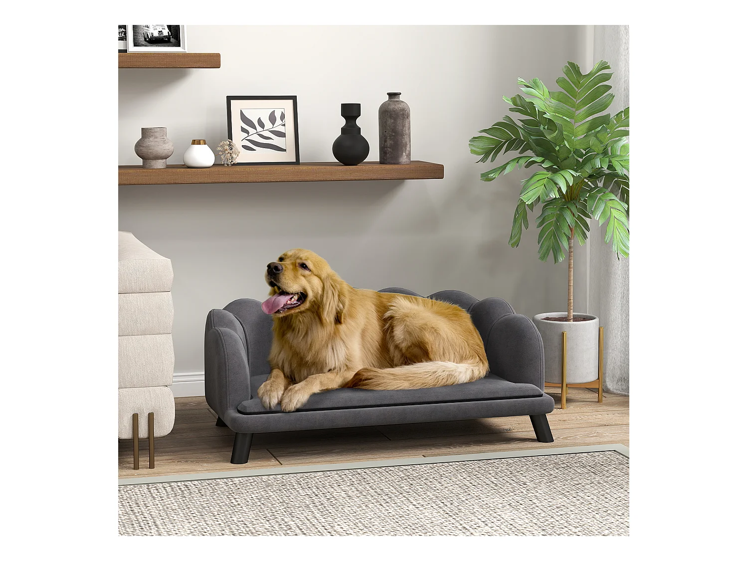 Canapé chien lit pour chien chat design contemporain coquillage dim. 98L x 60l x 35H cm coussin moelleux velours gris