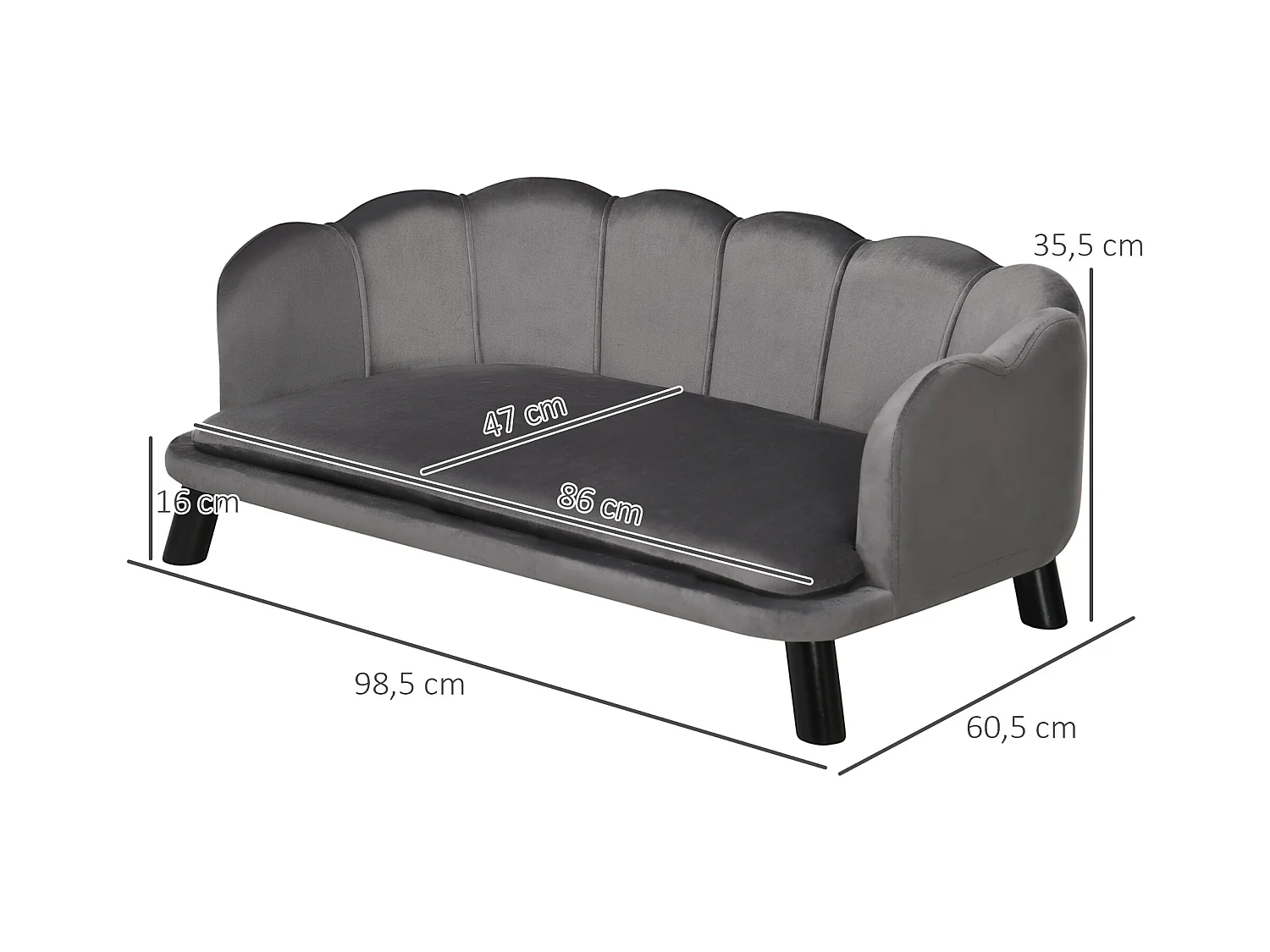 Canapé chien lit pour chien chat design contemporain coquillage dim. 98L x 60l x 35H cm coussin moelleux velours gris