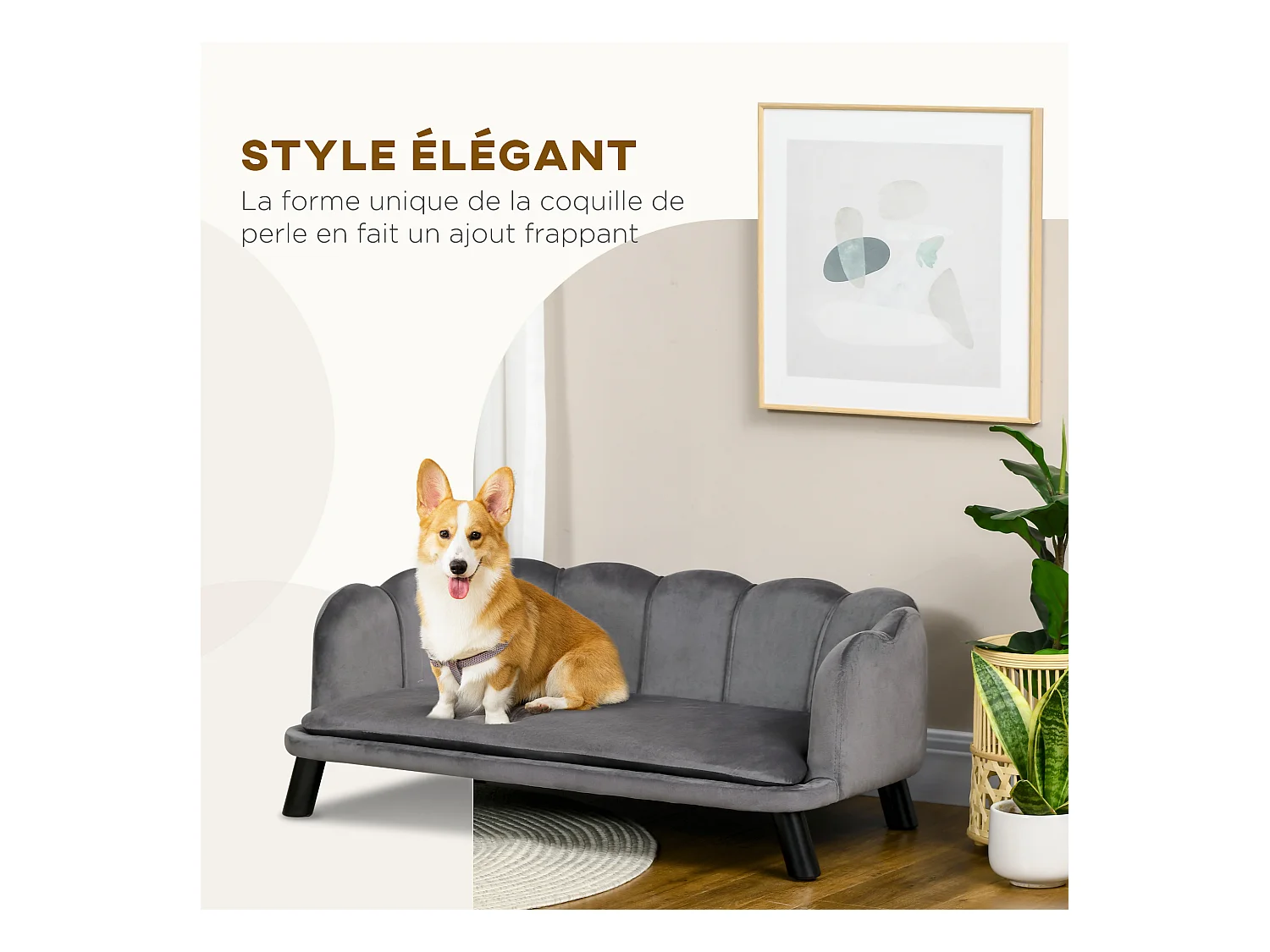 Canapé chien lit pour chien chat design contemporain coquillage dim. 98L x 60l x 35H cm coussin moelleux velours gris