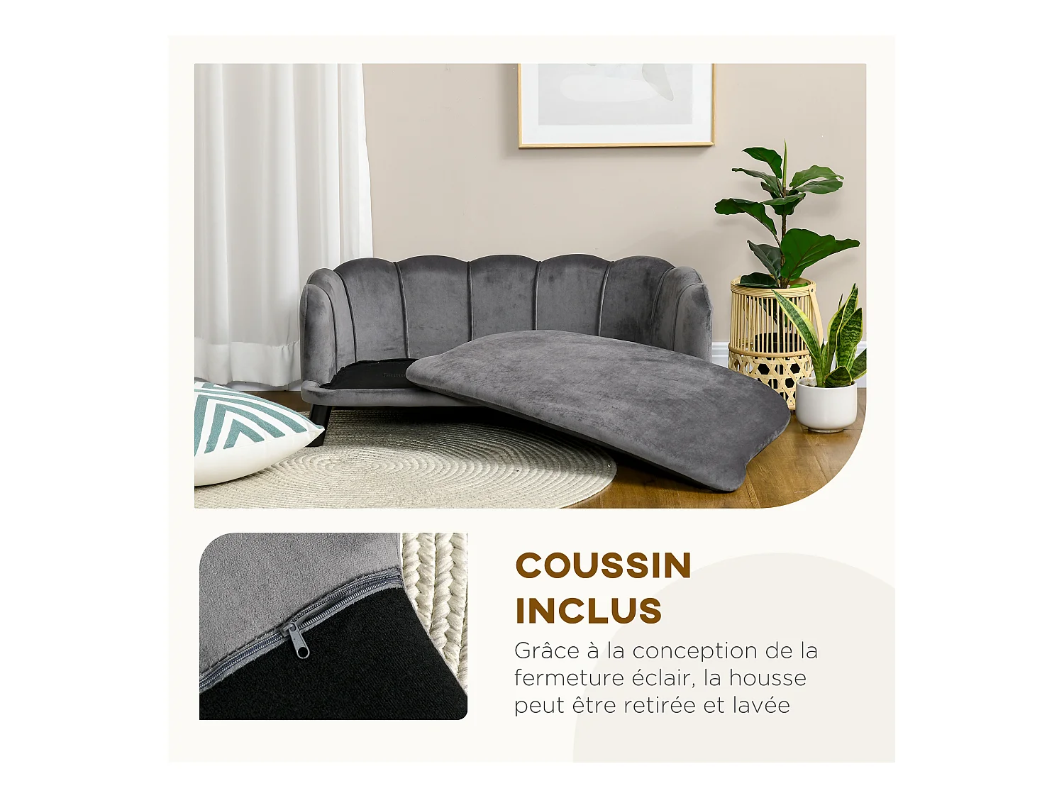 Canapé chien lit pour chien chat design contemporain coquillage dim. 98L x 60l x 35H cm coussin moelleux velours gris