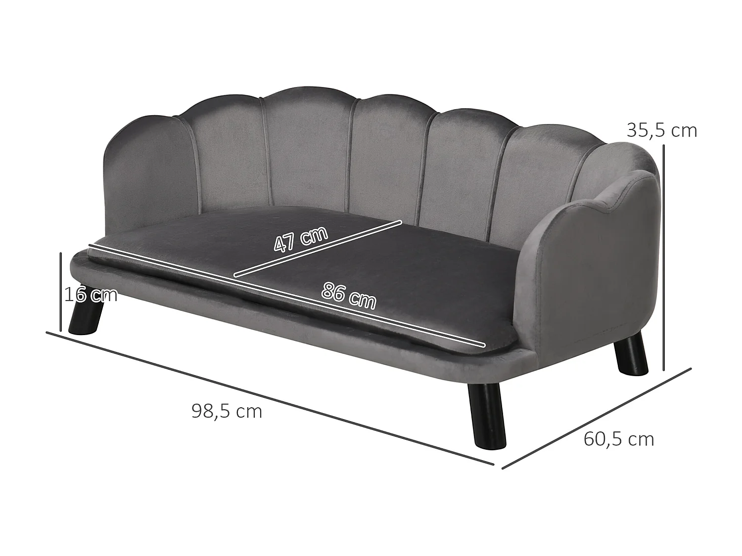 Canapé chien lit pour chien chat design contemporain coquillage dim. 98L x 60l x 35H cm coussin moelleux velours gris