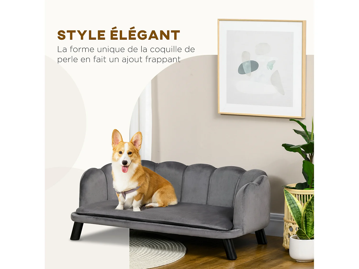 Canapé chien lit pour chien chat design contemporain coquillage dim. 98L x 60l x 35H cm coussin moelleux velours gris
