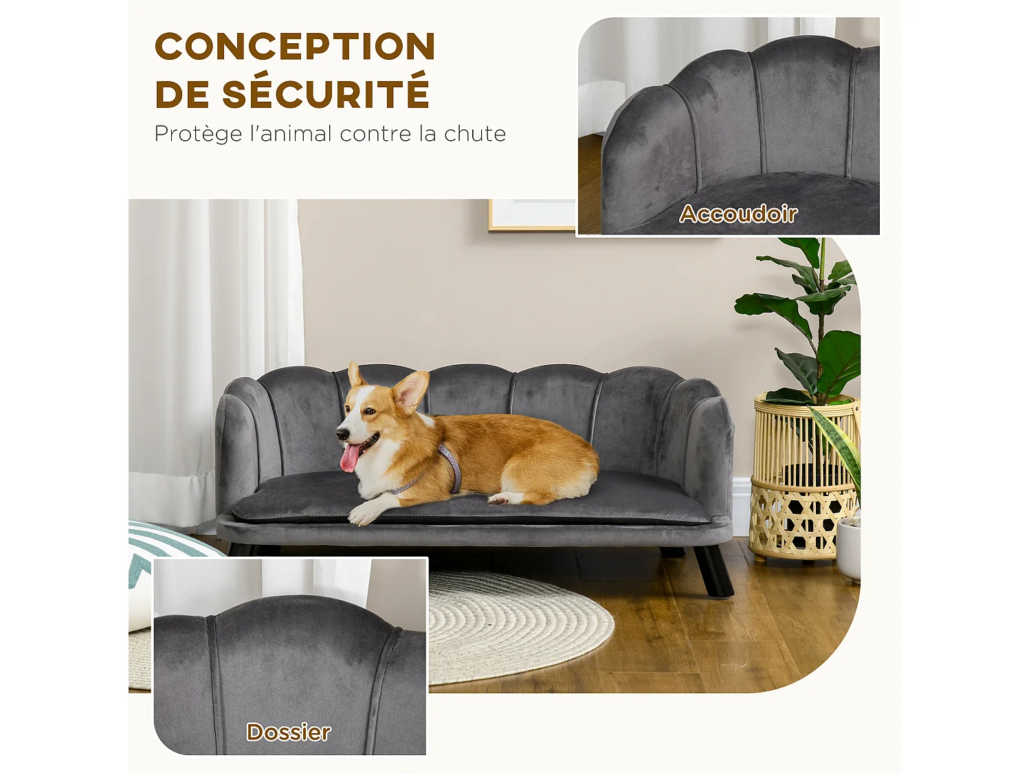 Canapé chien lit pour chien chat design contemporain coquillage dim. 98L x 60l x 35H cm coussin moelleux velours gris