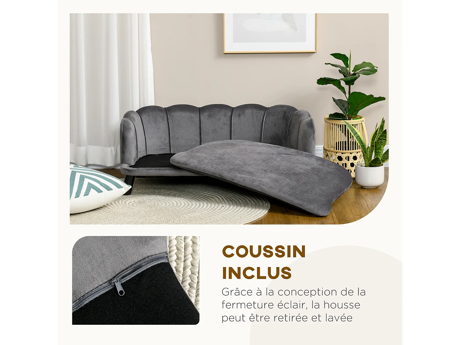 Canapé chien lit pour chien chat design contemporain coquillage dim. 98L x 60l x 35H cm coussin moelleux velours gris