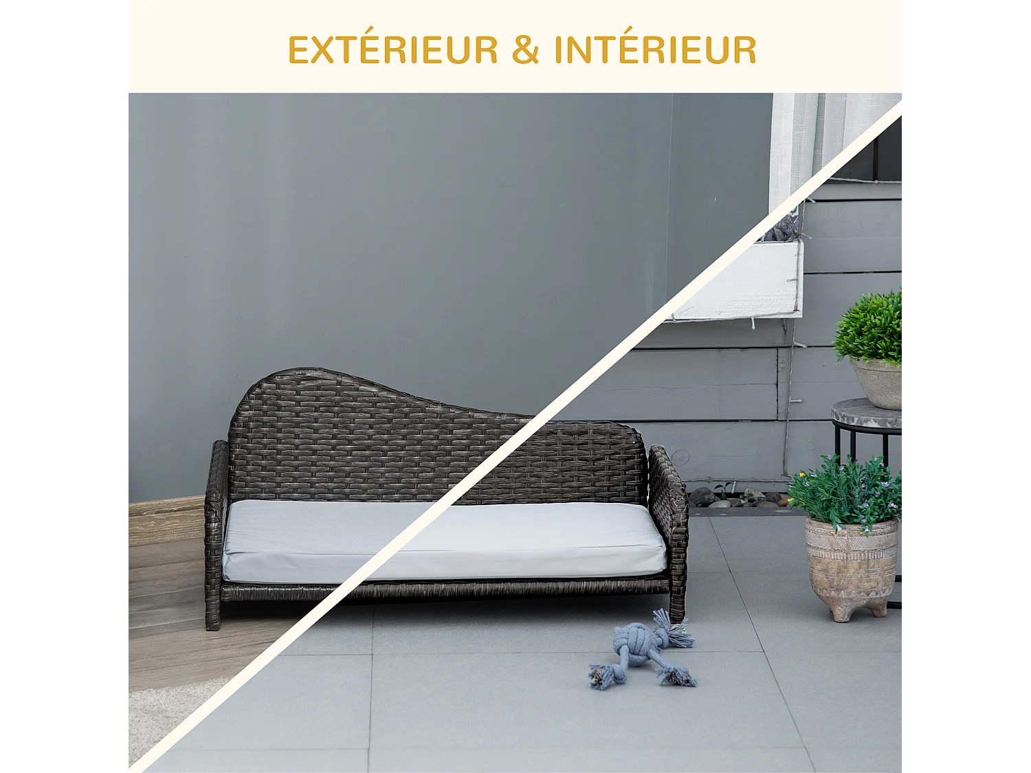 Canapé méridienne chien chat style cosy chic - usage intérieur/extérieur - coussin déhoussable inclus résine tressée gris