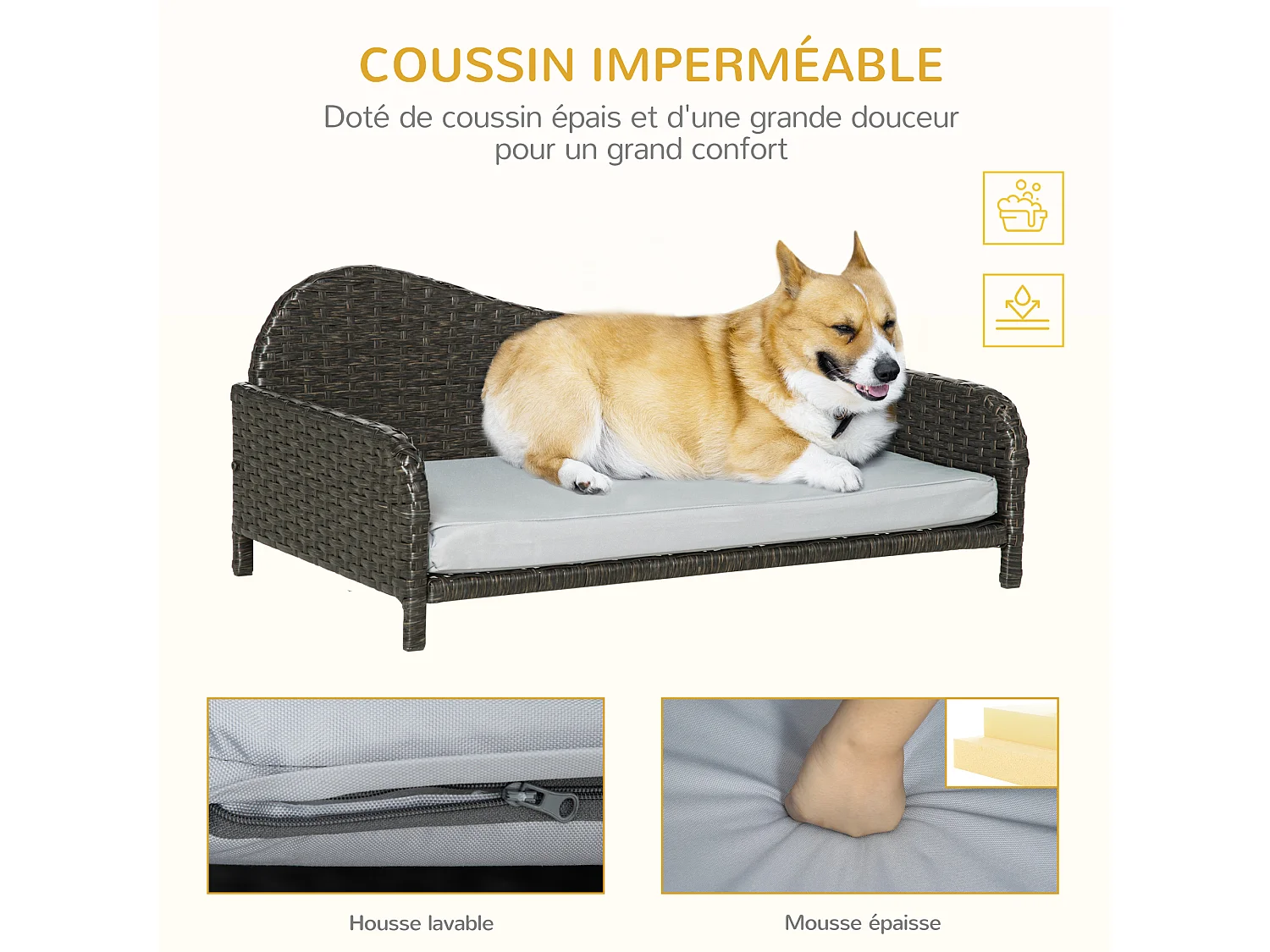 Canapé méridienne chien chat style cosy chic - usage intérieur/extérieur - coussin déhoussable inclus résine tressée gris