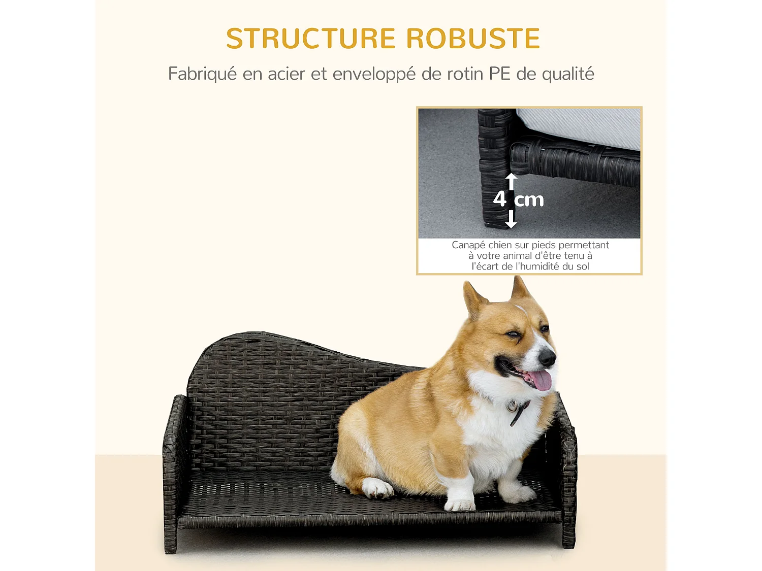 Canapé méridienne chien chat style cosy chic - usage intérieur/extérieur - coussin déhoussable inclus résine tressée gris