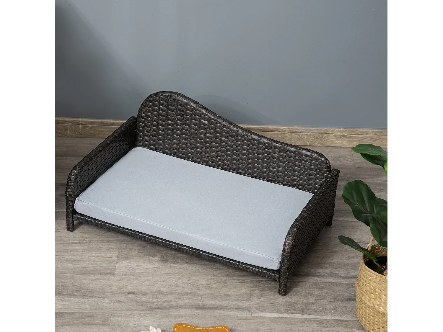 Canapé méridienne chien chat style cosy chic - usage intérieur/extérieur - coussin déhoussable inclus résine tressée gris