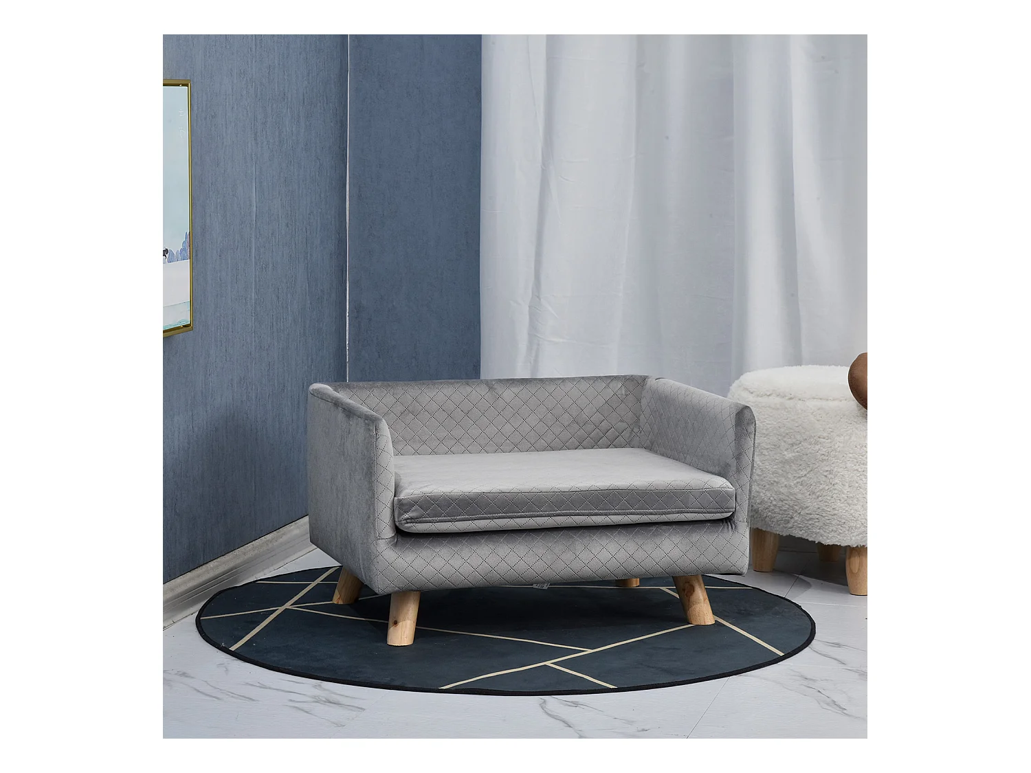 Canapé chien lit pour chien design scandinave coussin moelleux pieds bois massif dim. 64 x 45 x 36 cm velours gris