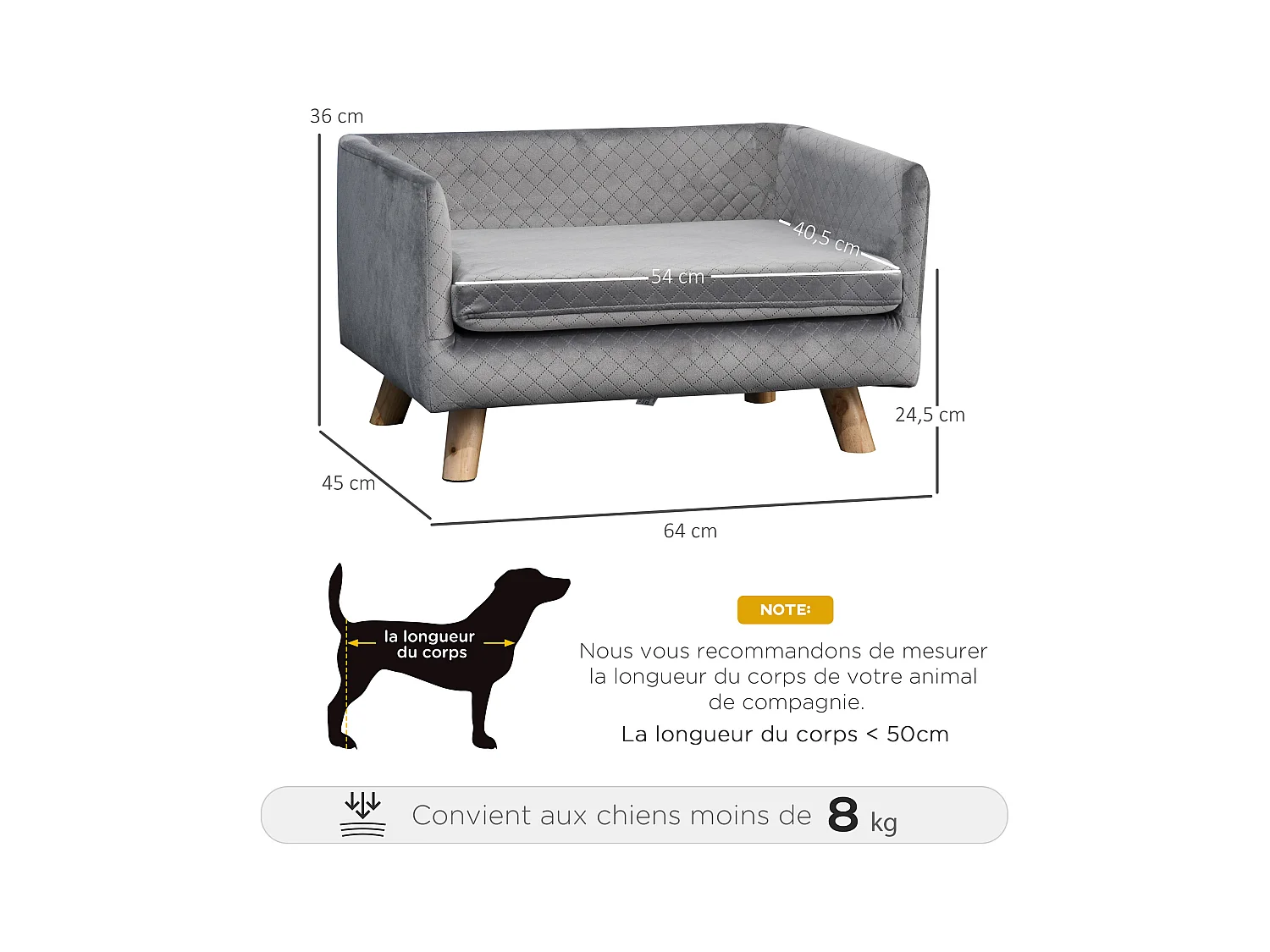 Canapé chien lit pour chien design scandinave coussin moelleux pieds bois massif dim. 64 x 45 x 36 cm velours gris
