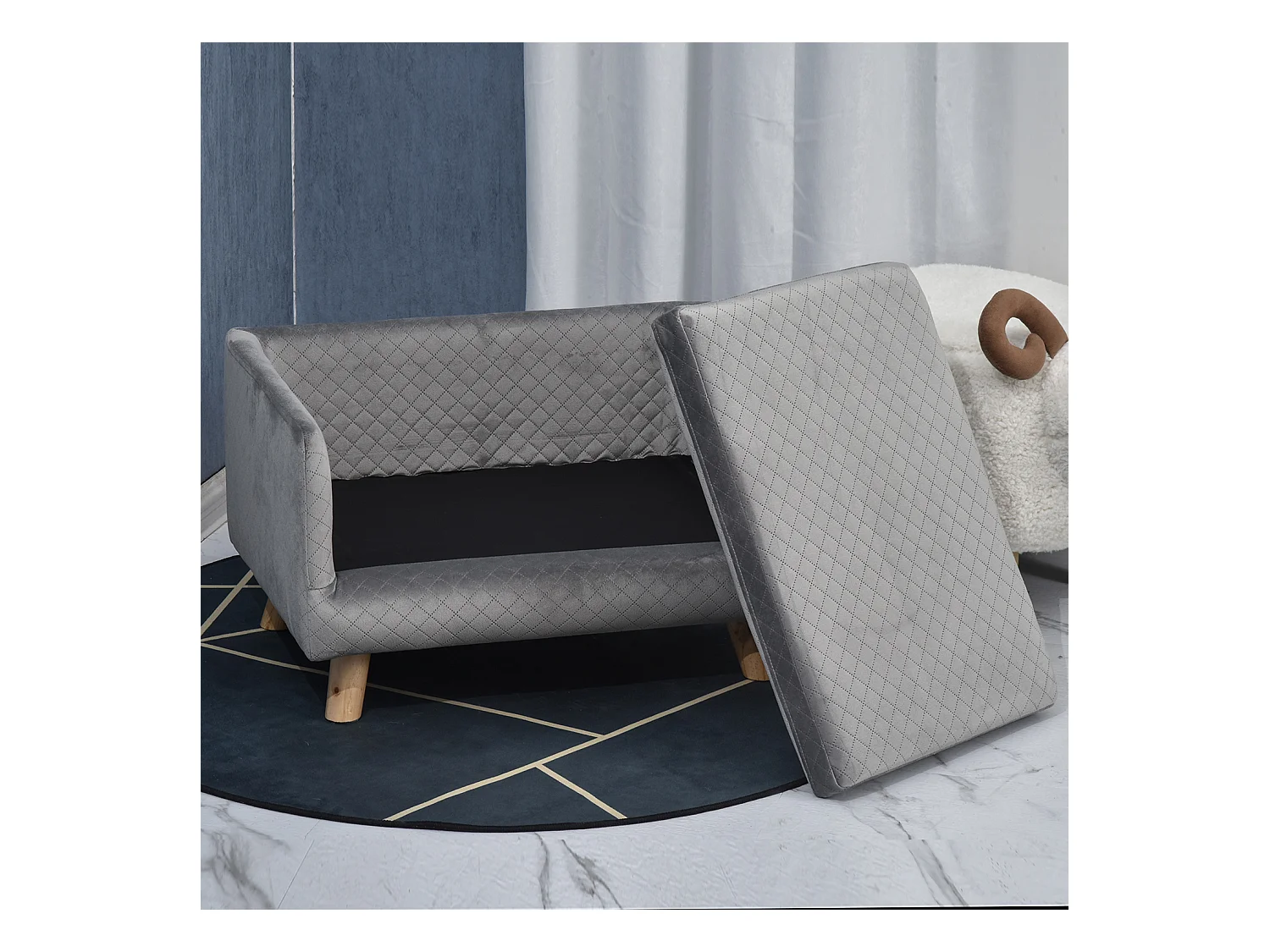 Canapé chien lit pour chien design scandinave coussin moelleux pieds bois massif dim. 64 x 45 x 36 cm velours gris