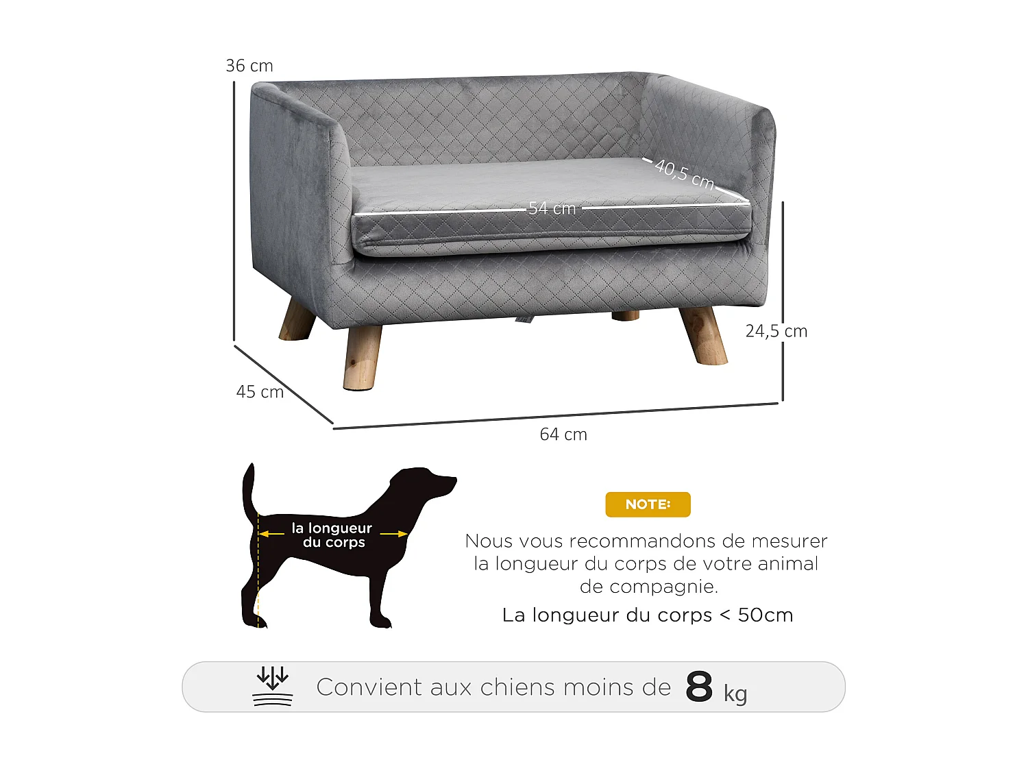 Canapé chien lit pour chien design scandinave coussin moelleux pieds bois massif dim. 64 x 45 x 36 cm velours gris