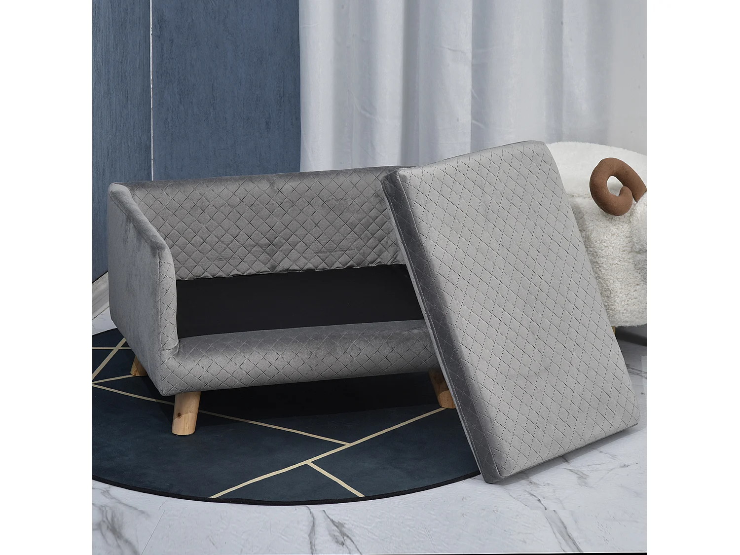 Canapé chien lit pour chien design scandinave coussin moelleux pieds bois massif dim. 64 x 45 x 36 cm velours gris