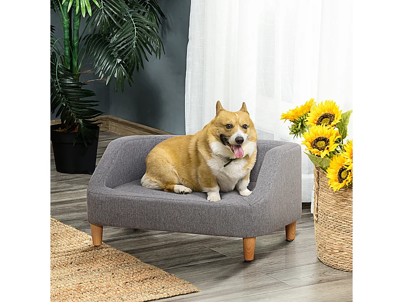 Canapé chien lit pour chien design scandinave déhoussable dim. 75L x 55l x 39H cm pieds bois tissu polyester gris