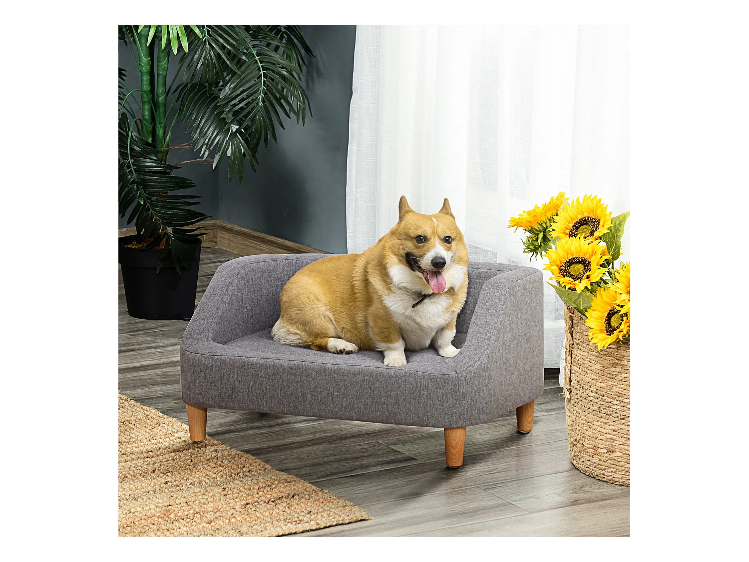 Canapé chien lit pour chien design scandinave déhoussable dim. 75L x 55l x 39H cm pieds bois tissu polyester gris