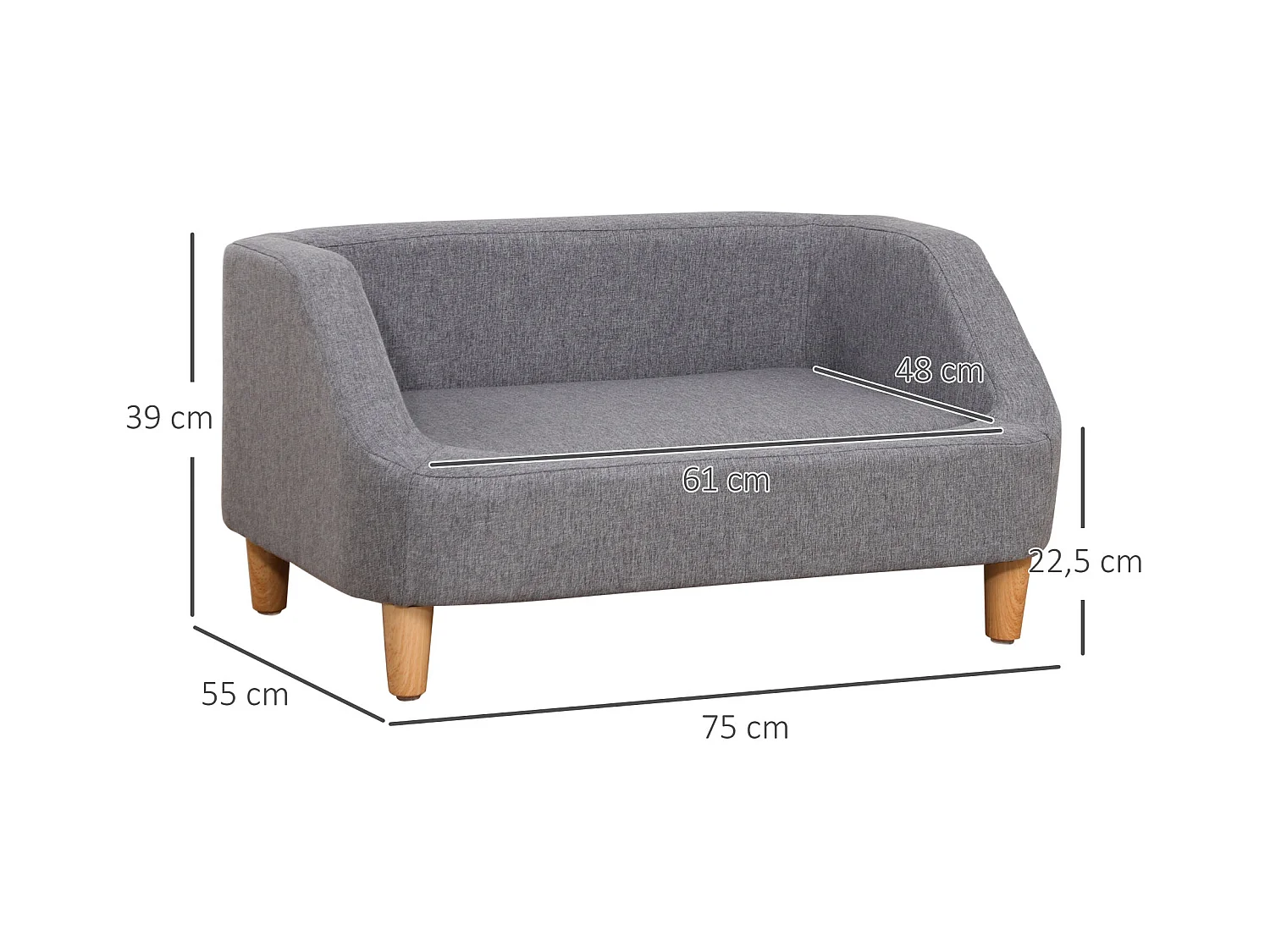 Canapé chien lit pour chien design scandinave déhoussable dim. 75L x 55l x 39H cm pieds bois tissu polyester gris