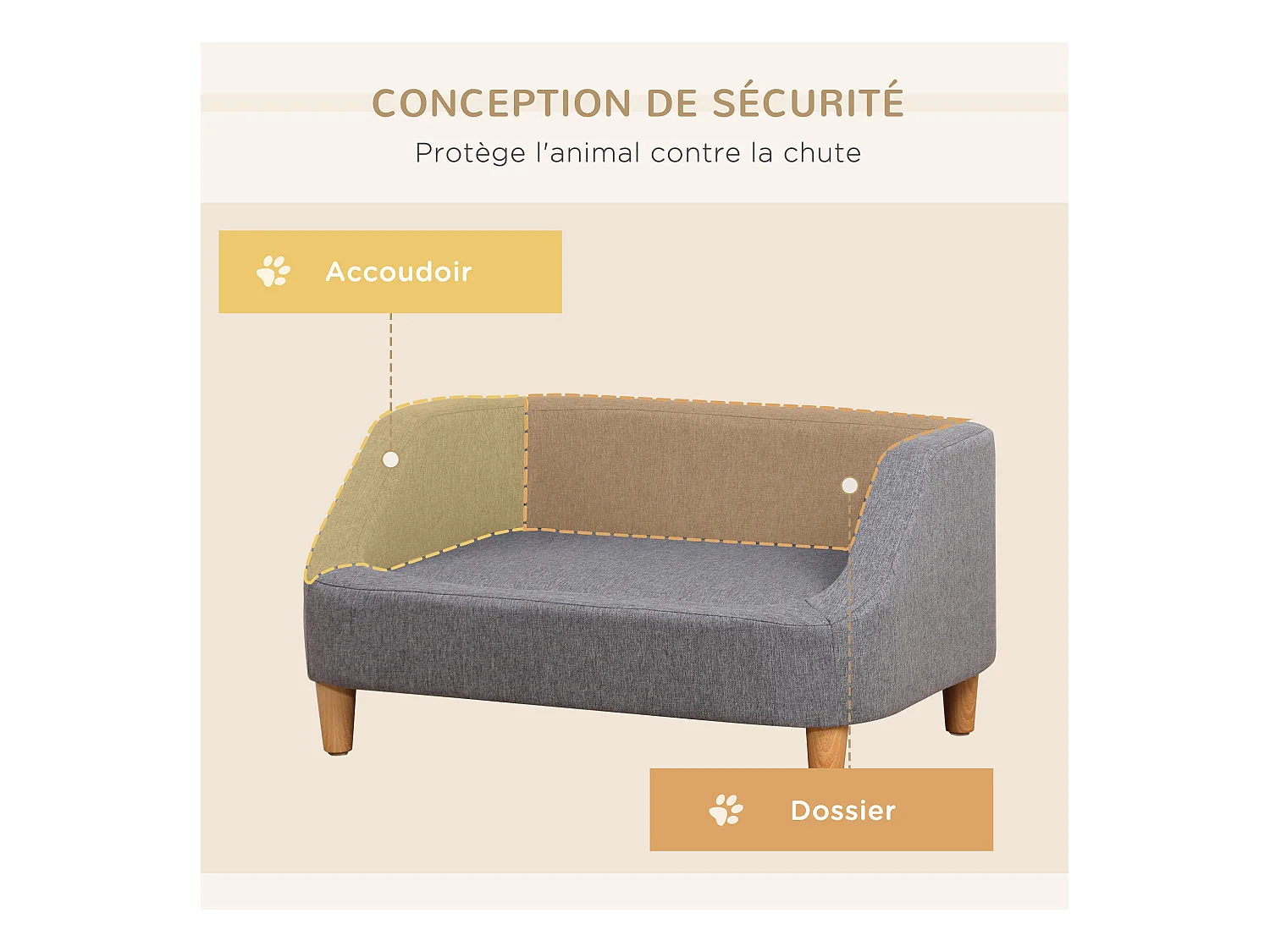 Canapé chien lit pour chien design scandinave déhoussable dim. 75L x 55l x 39H cm pieds bois tissu polyester gris