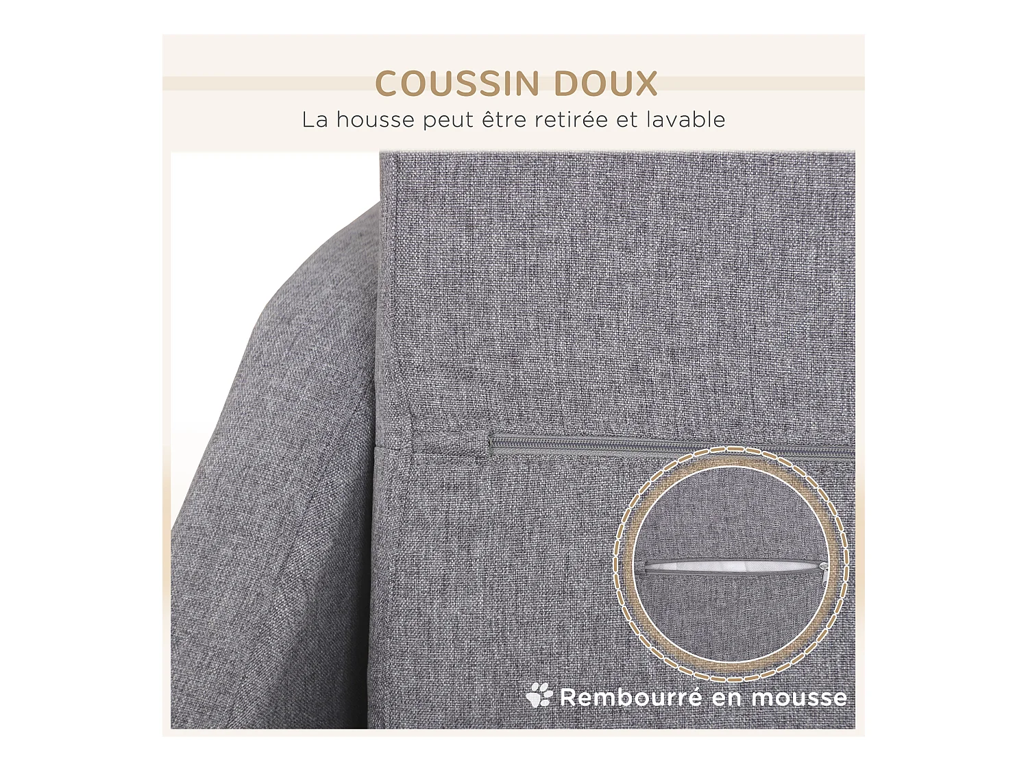 Canapé chien lit pour chien design scandinave déhoussable dim. 75L x 55l x 39H cm pieds bois tissu polyester gris