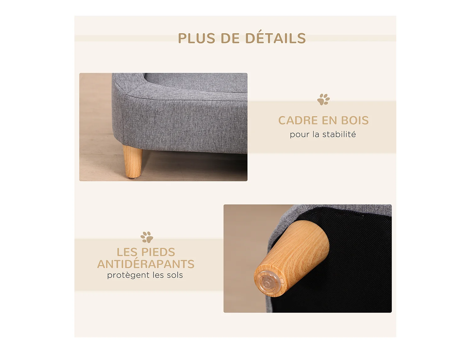 Canapé chien lit pour chien design scandinave déhoussable dim. 75L x 55l x 39H cm pieds bois tissu polyester gris
