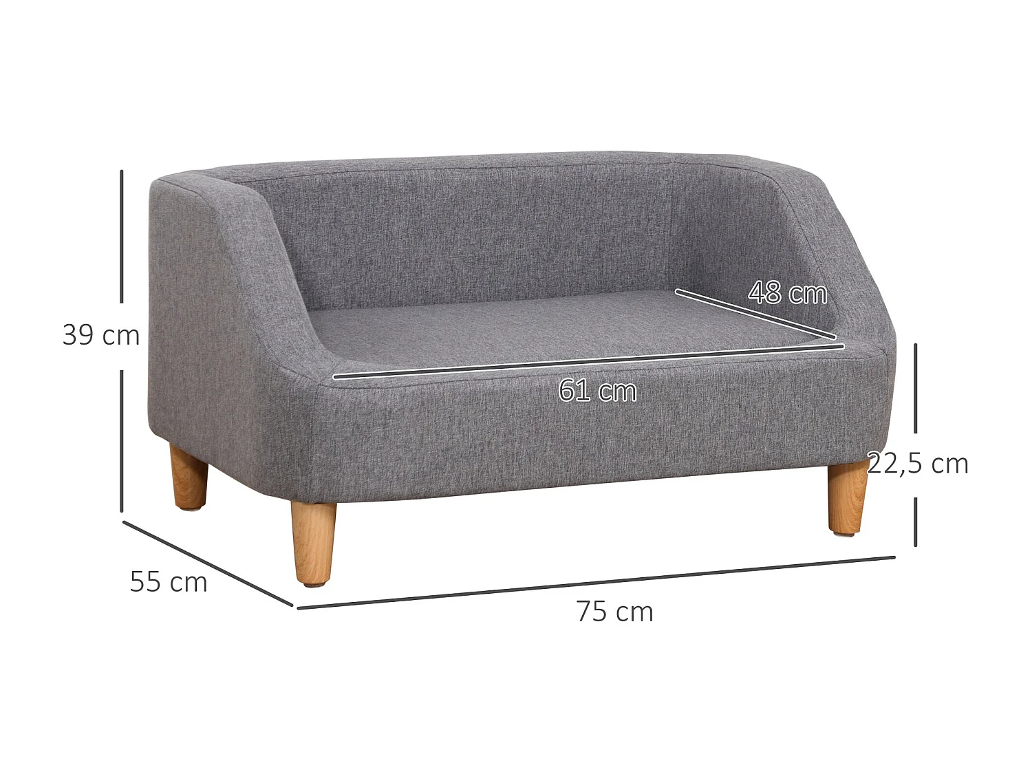 Canapé chien lit pour chien design scandinave déhoussable dim. 75L x 55l x 39H cm pieds bois tissu polyester gris