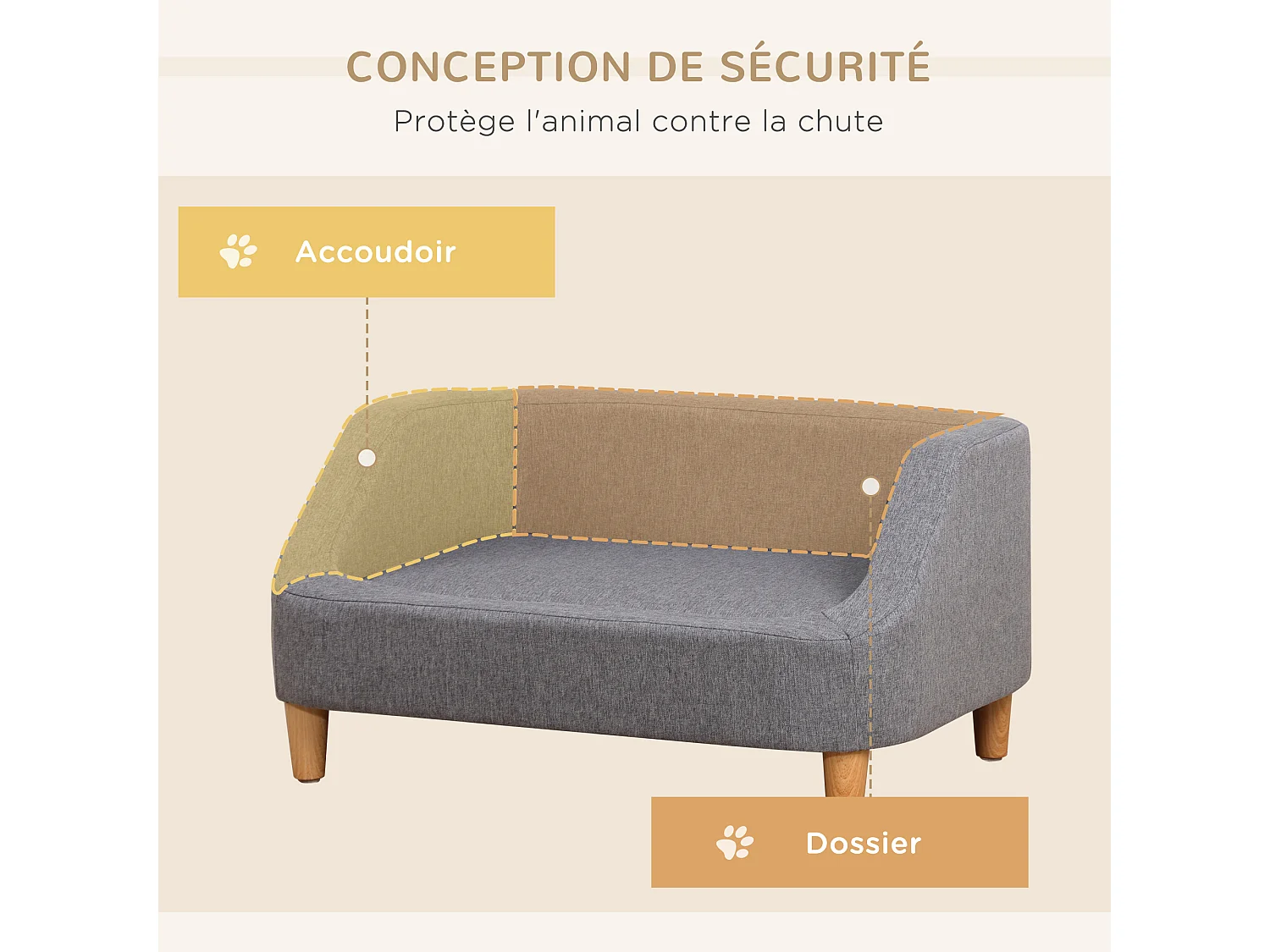 Canapé chien lit pour chien design scandinave déhoussable dim. 75L x 55l x 39H cm pieds bois tissu polyester gris