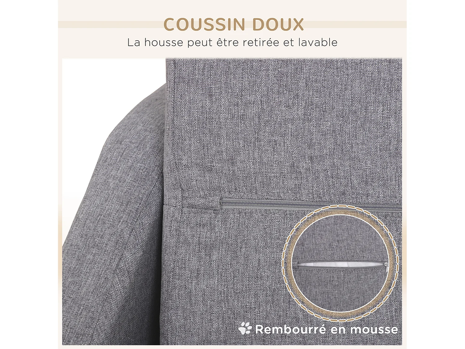 Canapé chien lit pour chien design scandinave déhoussable dim. 75L x 55l x 39H cm pieds bois tissu polyester gris