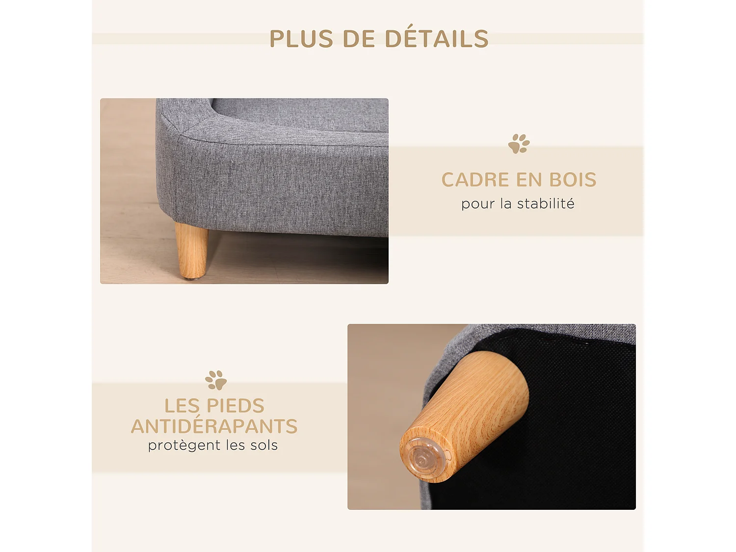 Canapé chien lit pour chien design scandinave déhoussable dim. 75L x 55l x 39H cm pieds bois tissu polyester gris