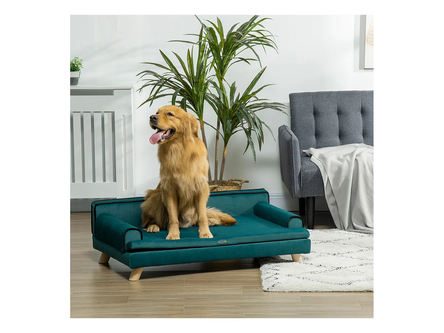 Canapé chien lit pour chien design scandinave coussin moelleux piètement bois dim. 100L x 62l x 32H cm polyester bleu canard