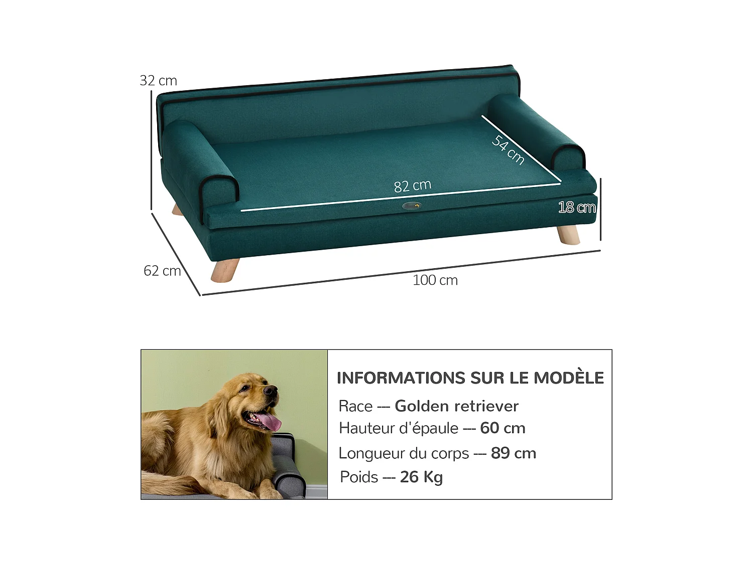 Canapé chien lit pour chien design scandinave coussin moelleux piètement bois dim. 100L x 62l x 32H cm polyester bleu canard