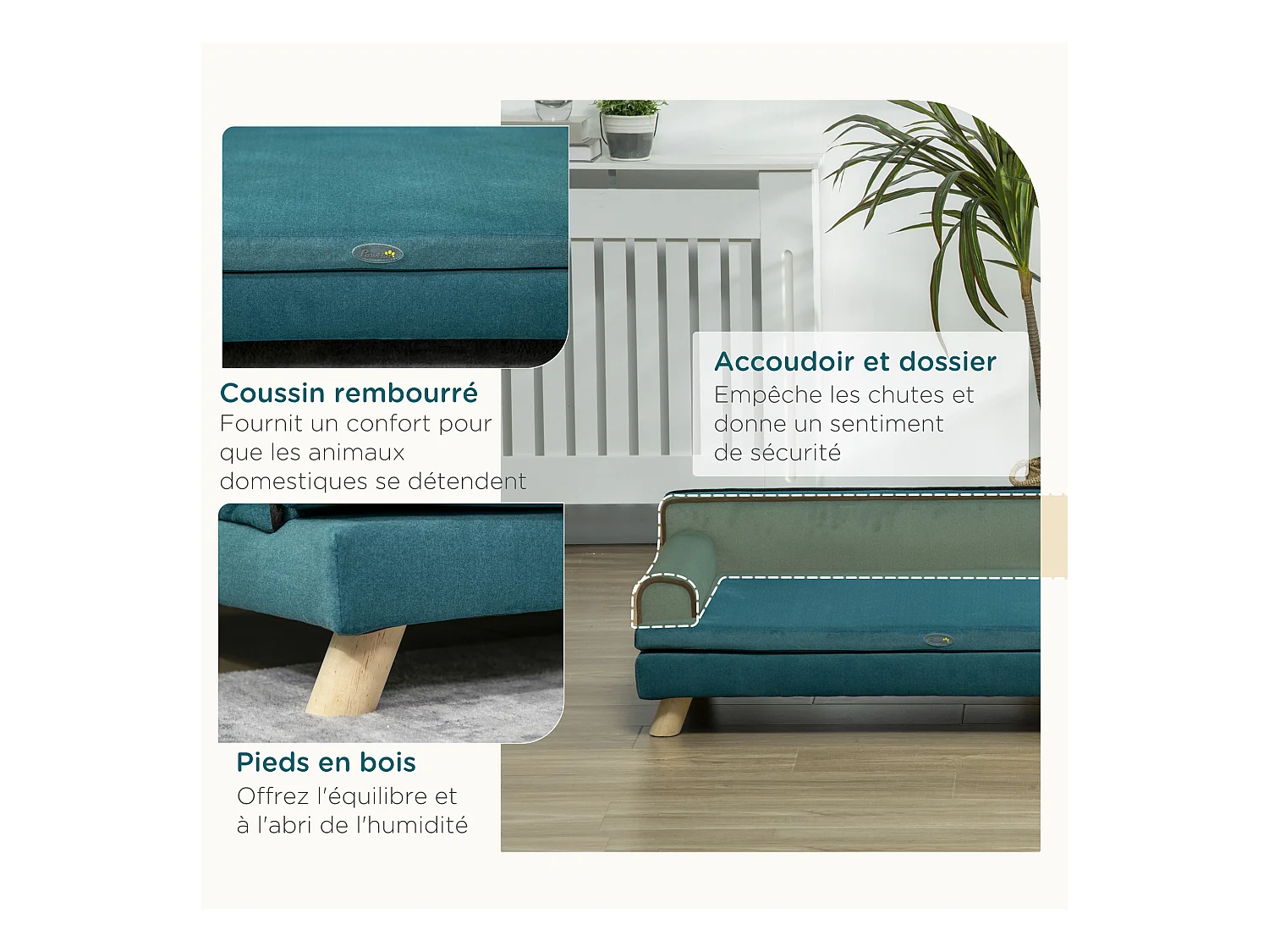 Canapé chien lit pour chien design scandinave coussin moelleux piètement bois dim. 100L x 62l x 32H cm polyester bleu canard