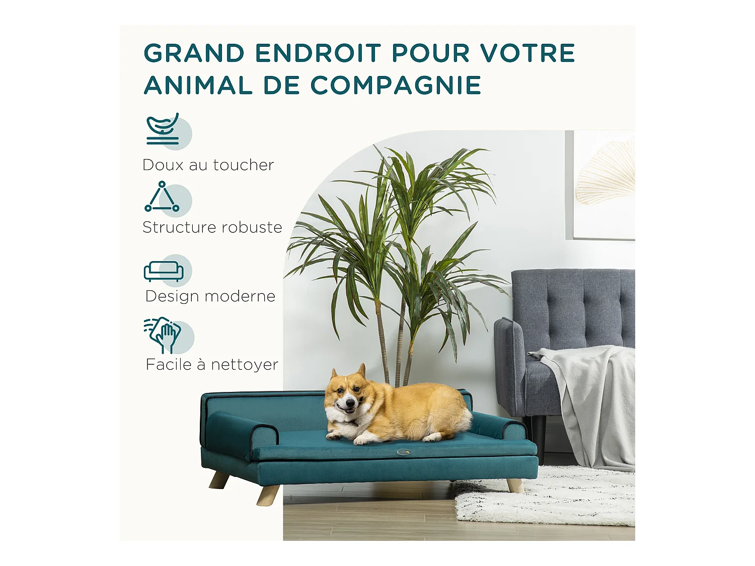Canapé chien lit pour chien design scandinave coussin moelleux piètement bois dim. 100L x 62l x 32H cm polyester bleu canard