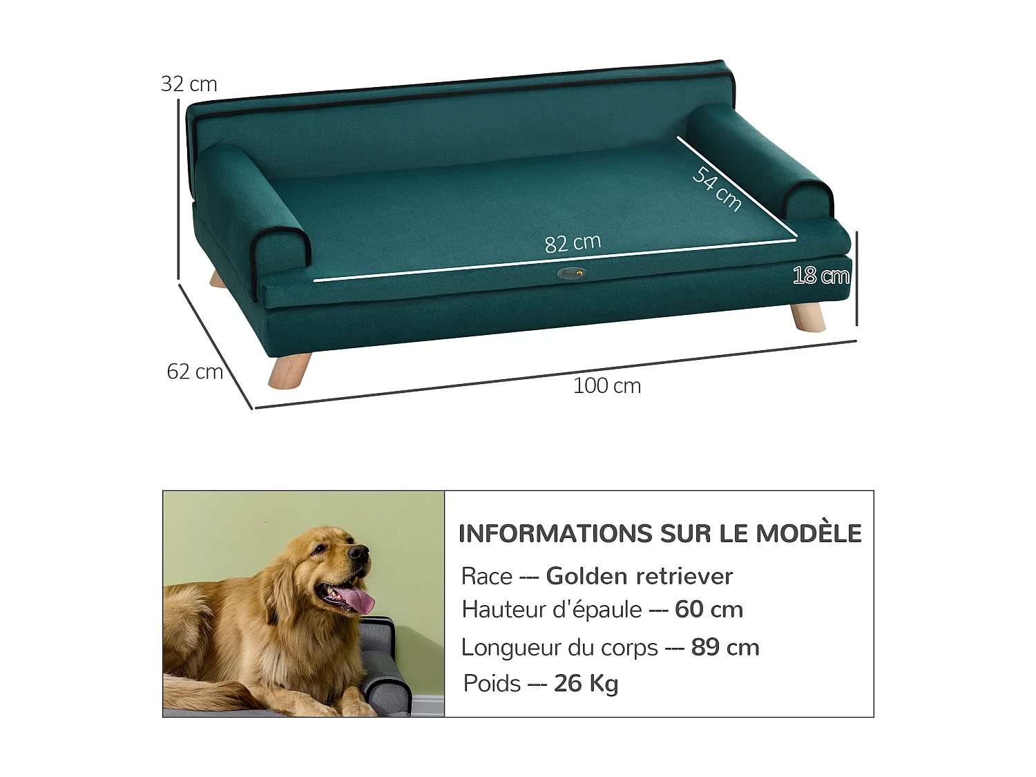 Canapé chien lit pour chien design scandinave coussin moelleux piètement bois dim. 100L x 62l x 32H cm polyester bleu canard