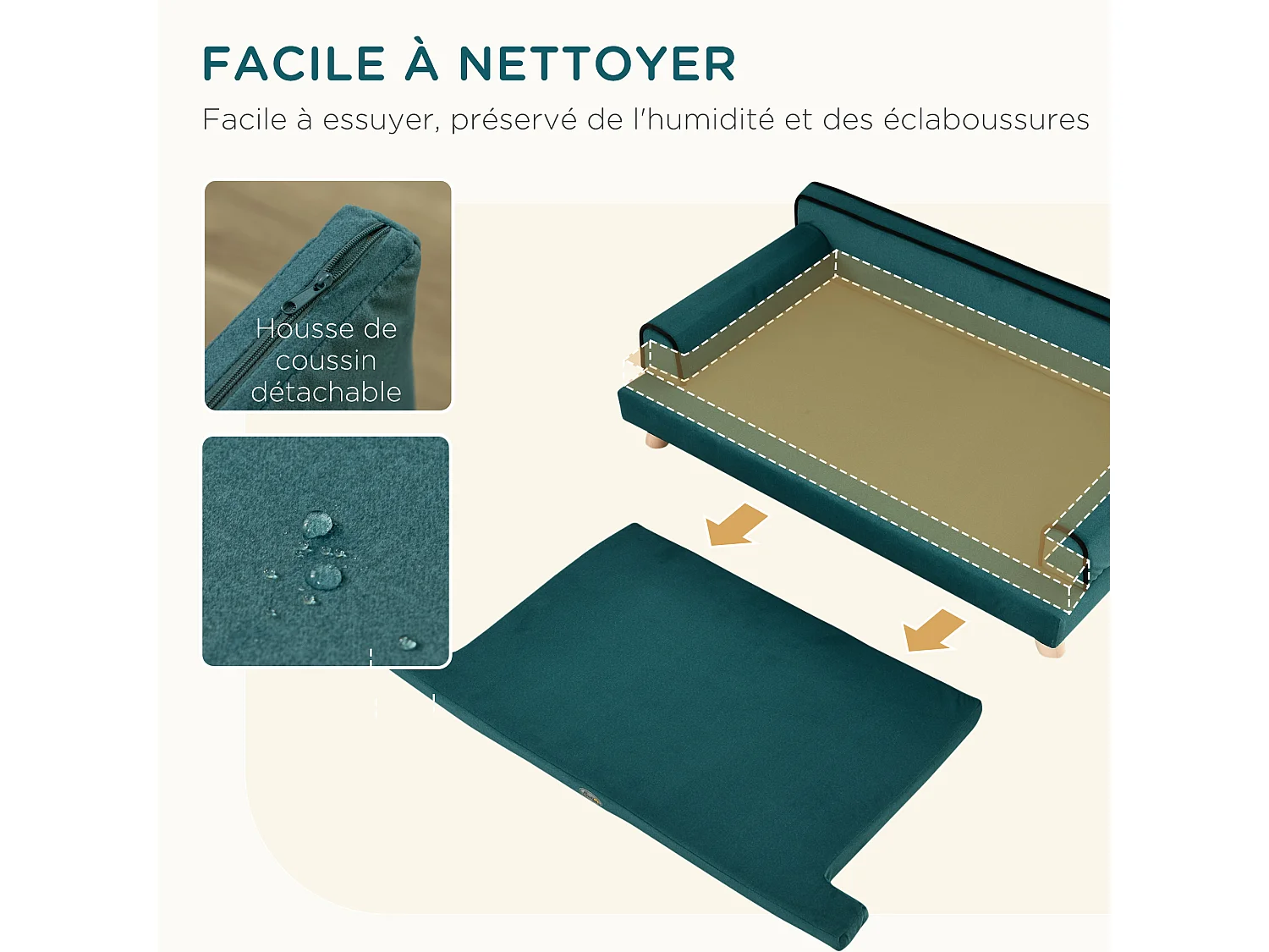 Canapé chien lit pour chien design scandinave coussin moelleux piètement bois dim. 100L x 62l x 32H cm polyester bleu canard