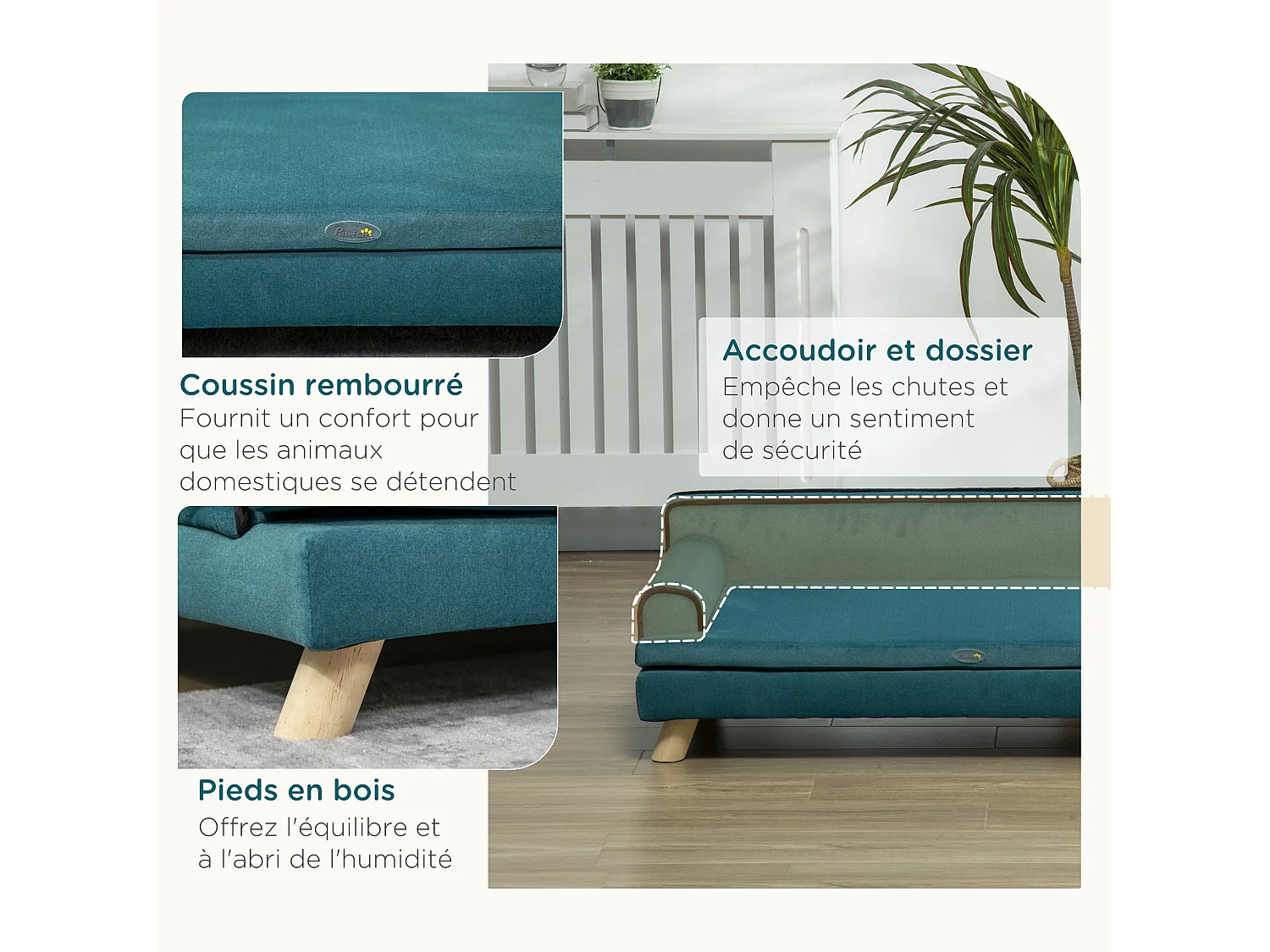 Canapé chien lit pour chien design scandinave coussin moelleux piètement bois dim. 100L x 62l x 32H cm polyester bleu canard