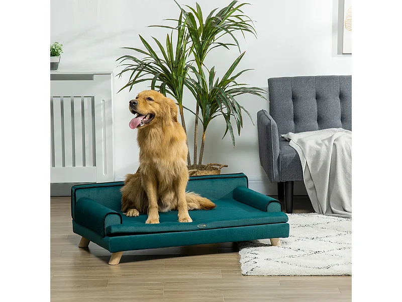 Canapé chien lit pour chien design scandinave coussin moelleux piètement bois dim. 100L x 62l x 32H cm polyester bleu canard
