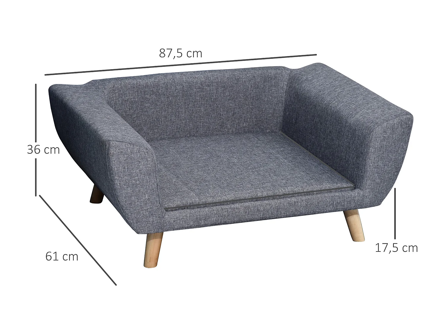 Canapé chien lit pour chien design scandinave coussin moelleux pieds bois massif dim. 87 x 61 x 36 cm polyester gris