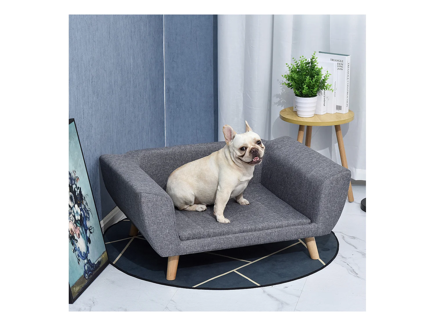 Canapé chien lit pour chien design scandinave coussin moelleux pieds bois massif dim. 87 x 61 x 36 cm polyester gris