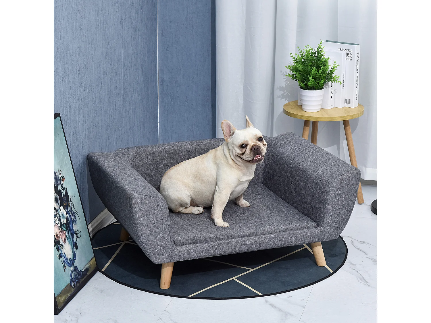 Canapé chien lit pour chien design scandinave coussin moelleux pieds bois massif dim. 87 x 61 x 36 cm polyester gris