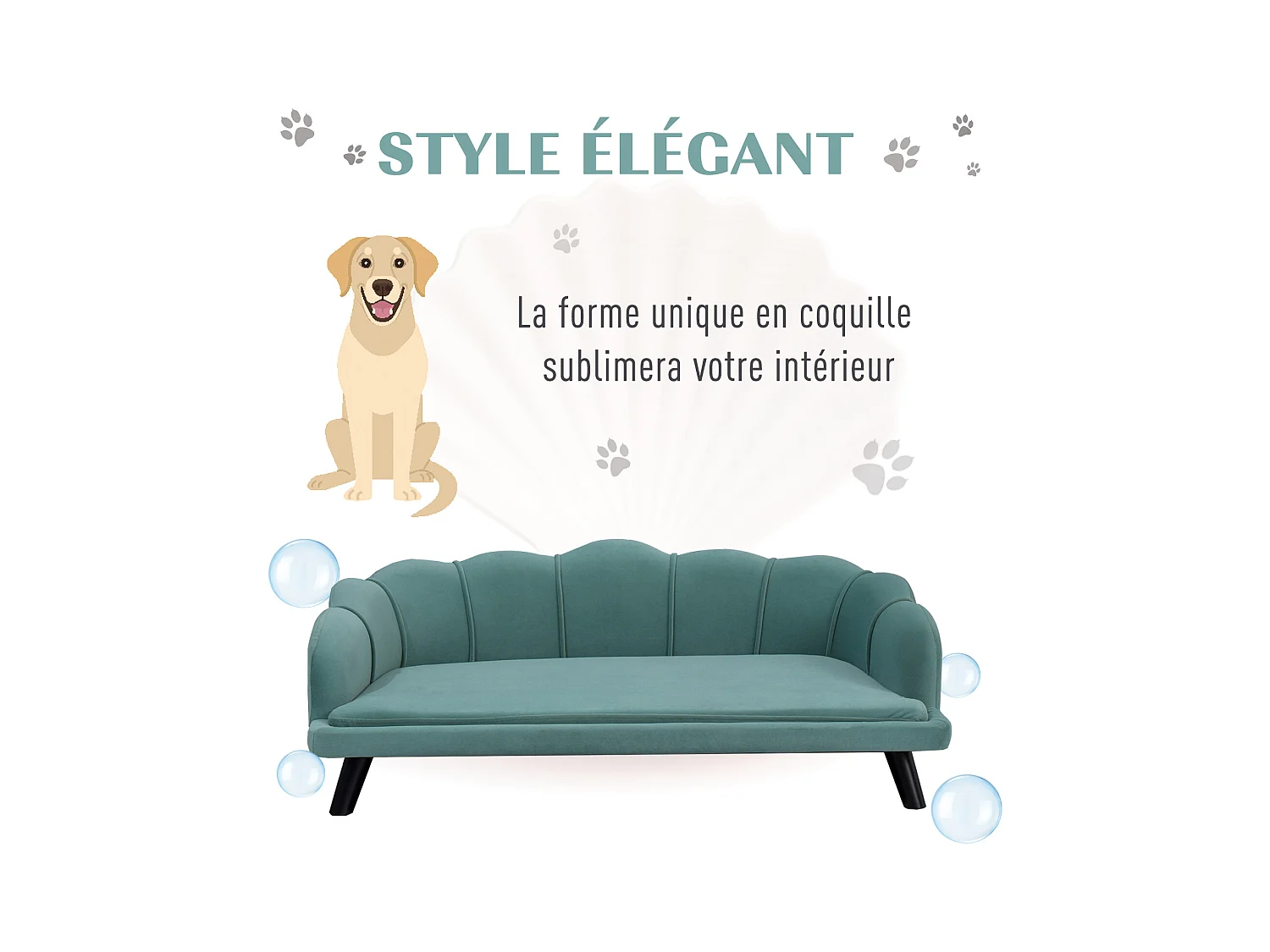 Canapé chien lit pour chien chat design contemporain coquillage dim. 98L x 60l x 35H cm coussin moelleux velours vert