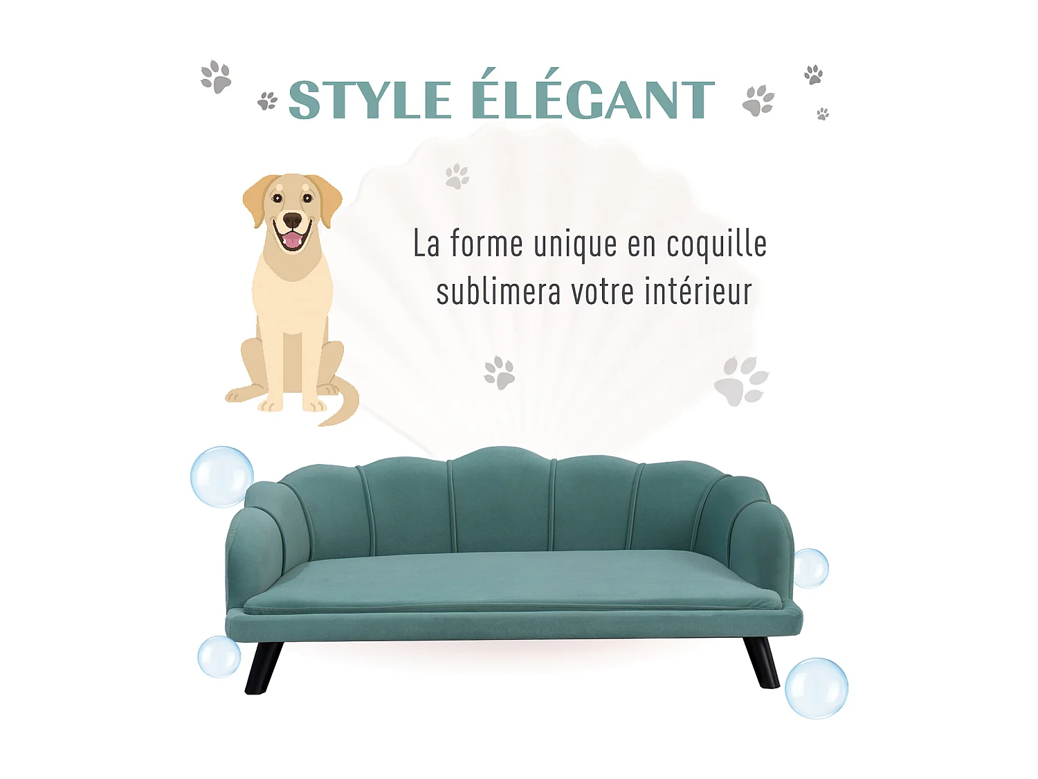 Canapé chien lit pour chien chat design contemporain coquillage dim. 98L x 60l x 35H cm coussin moelleux velours vert